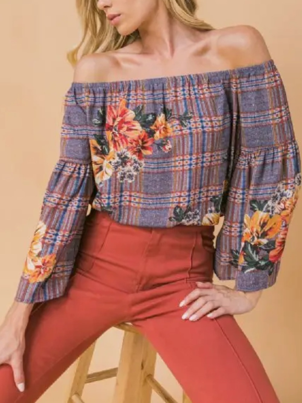 Flying Tomato Purple Plaid Off-Shoulder Floral Blouse
